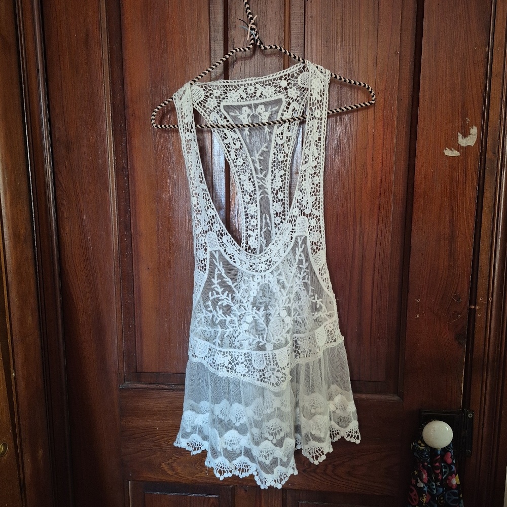 White Sheer Floral Lace Top Boho Festival Overlay Shirt